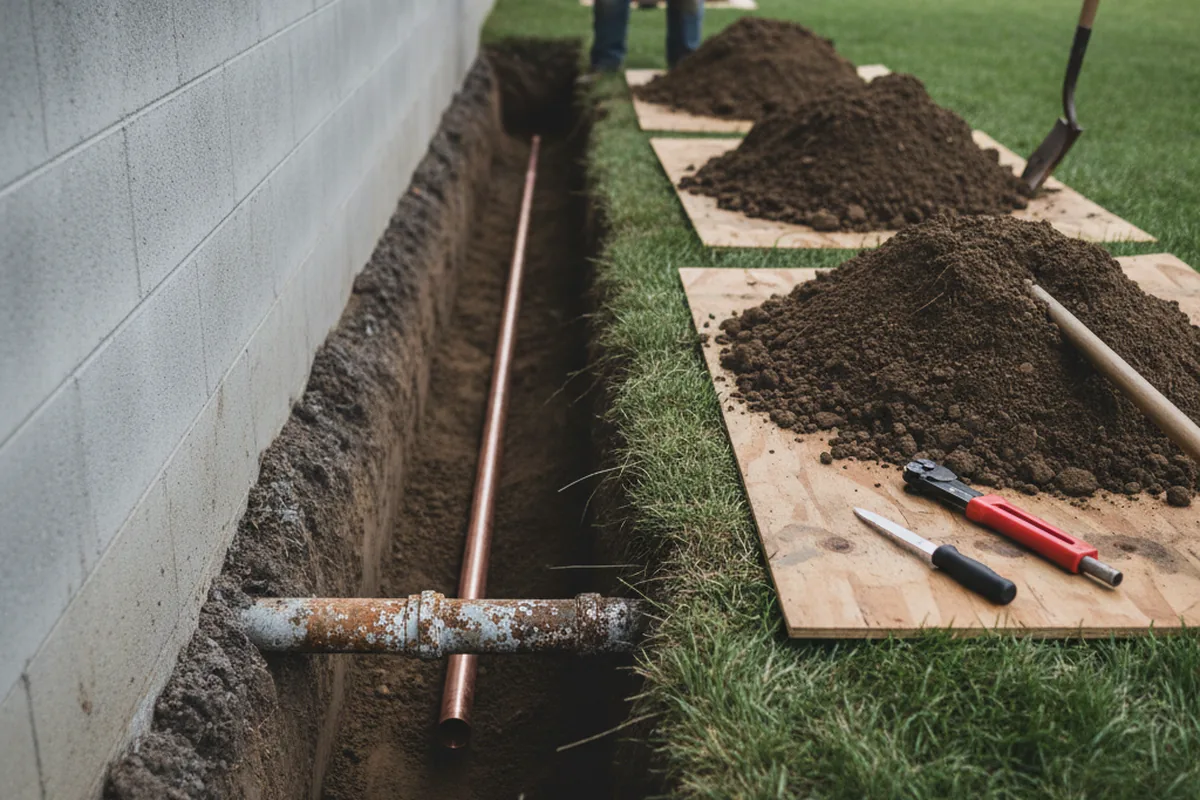 Excavated water line trench during Sewer Line Repair in Normalville